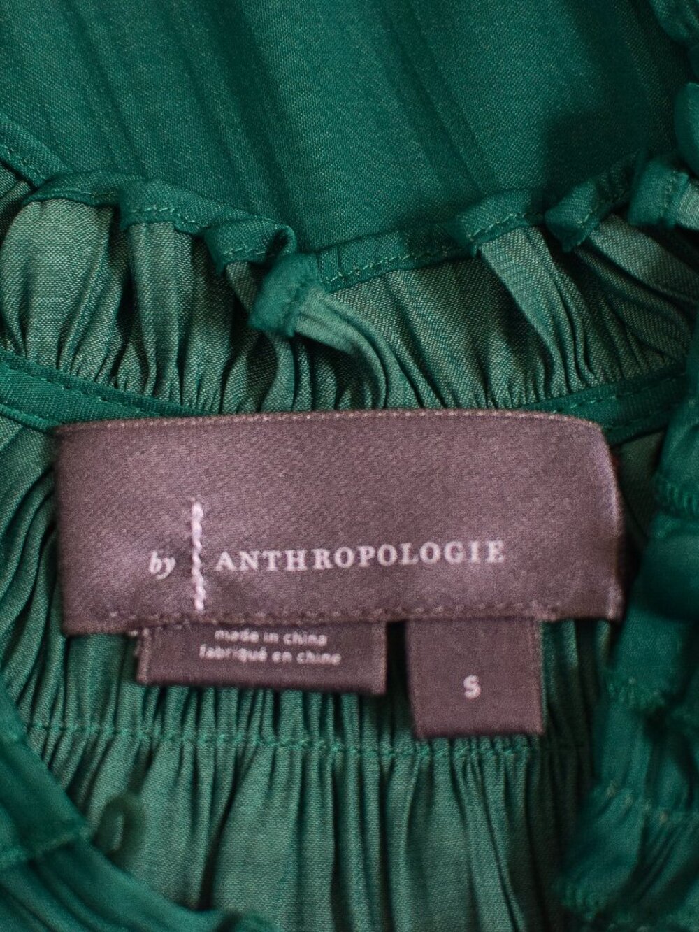 Anthropologie Shirred Peasant Blouse Green Emerald Ruffle Button Front Sz S Boho - Picture 8 of 13